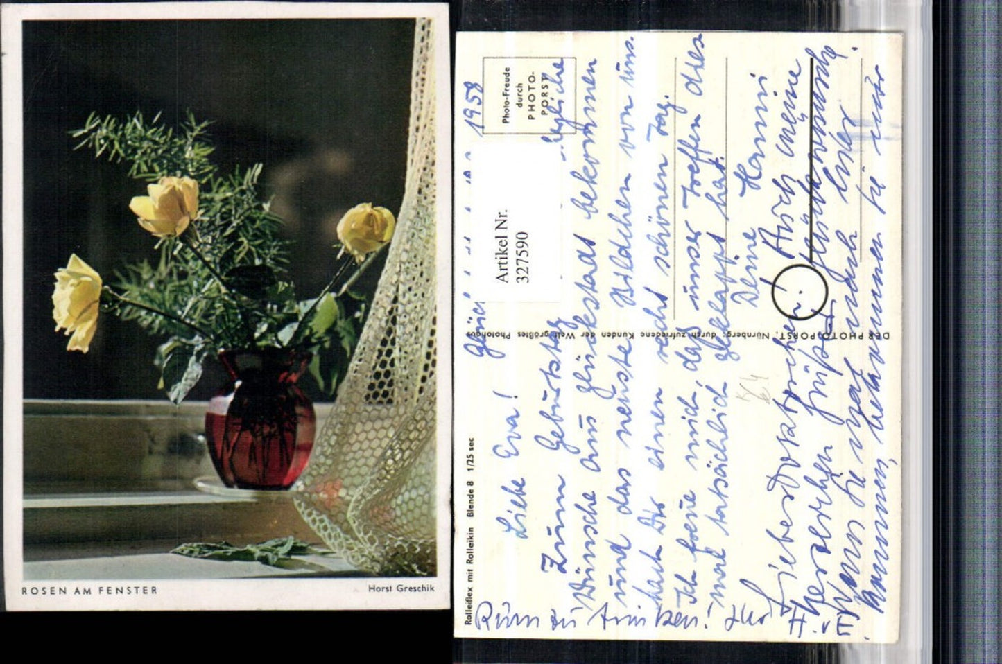 327590,Künstler AK Horst Greschik Rosen am Fenster Blumenvase
