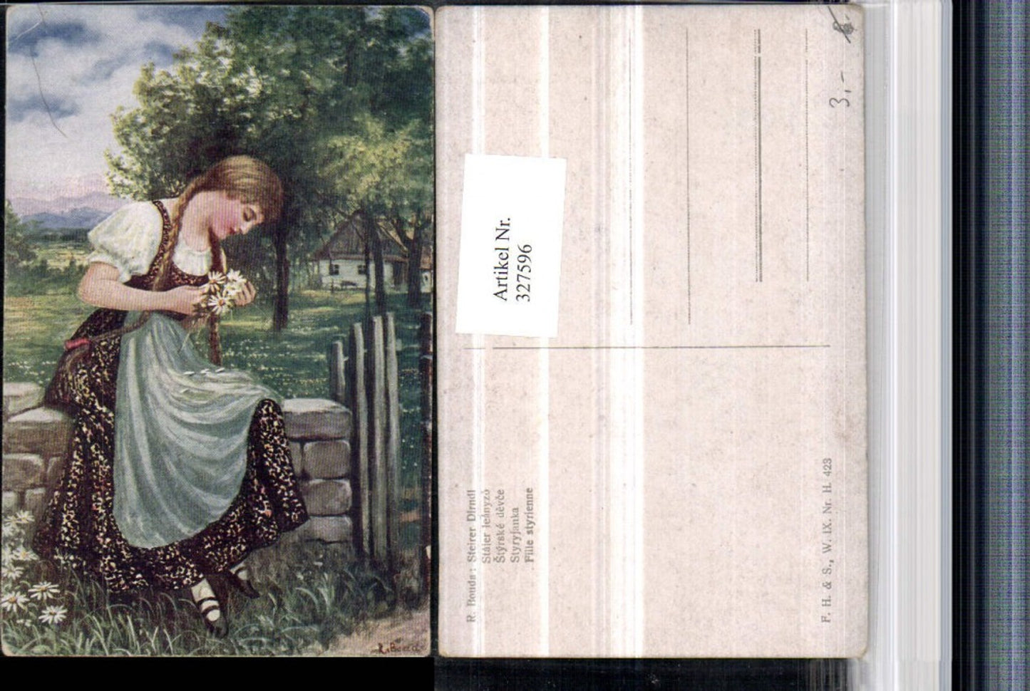 327596,Künstler AK R. Bouda Steirer Dirndl Frau m. Zöpfen Tracht Margeriten