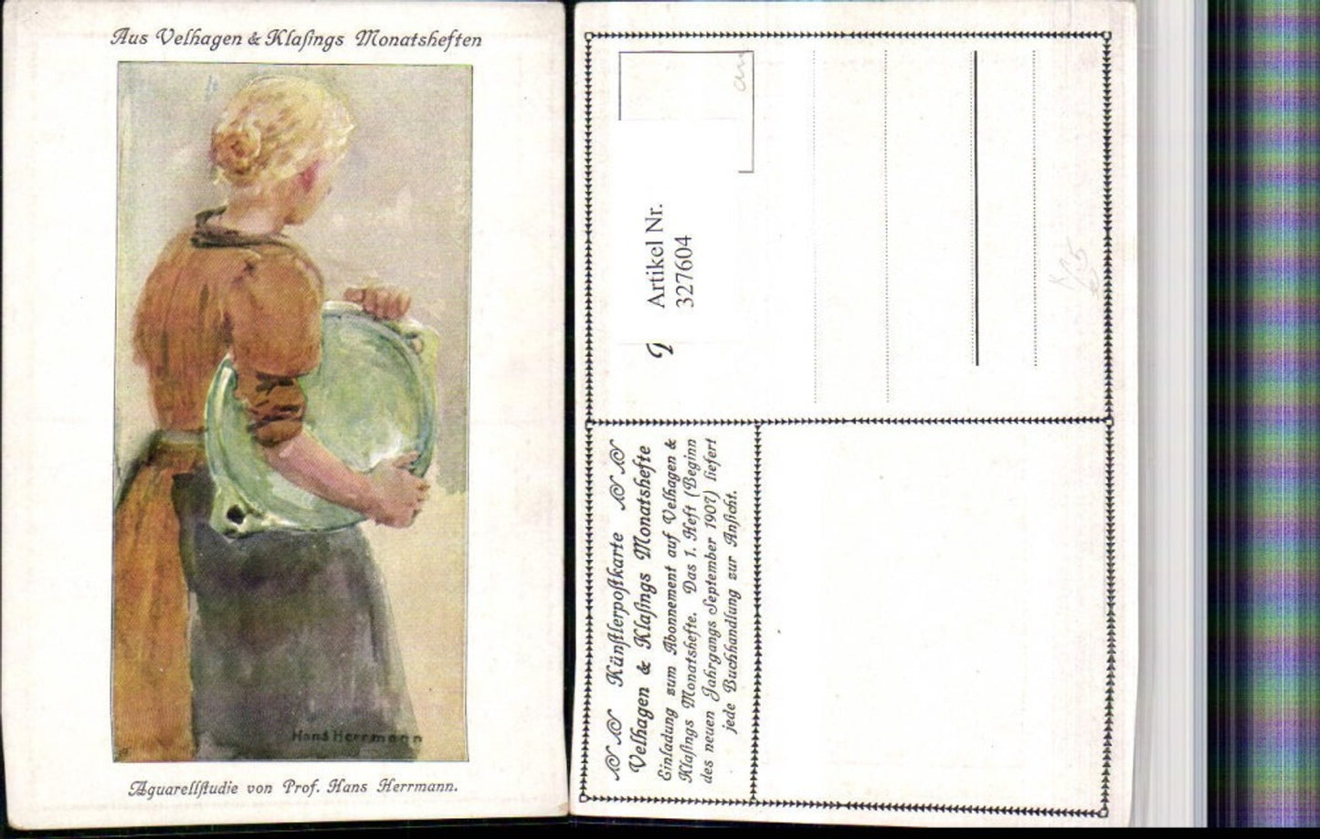 327604,Künstler AK Hans Herrmann Aquarellstudie Frau m. Tablett pub Velhagen & Klasings