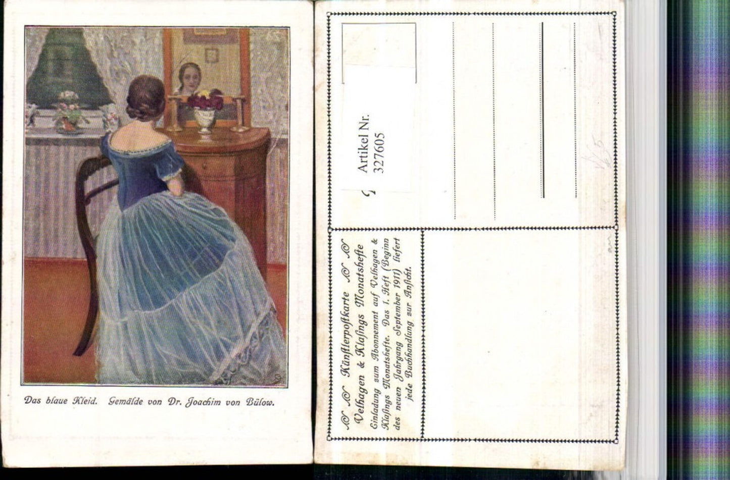 327605, Artist AK Joachim von Bülow The Blue Dress Woman Mirror pub Velhagen &amp; Klasings