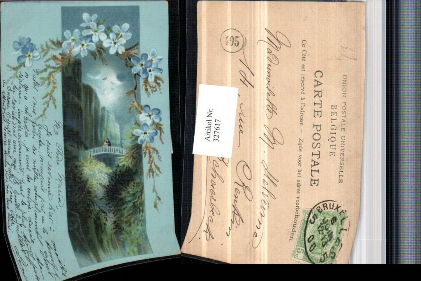 327617,Künstler Litho Paar Brücke Schlucht Blumen Mondschein
