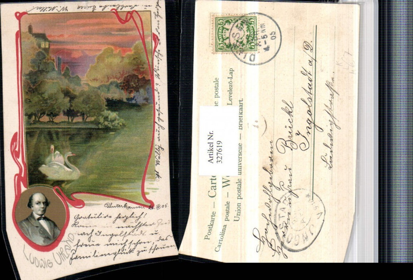 327619,Künstler Litho Teich Schwäne Ludwig Uhland Portrait