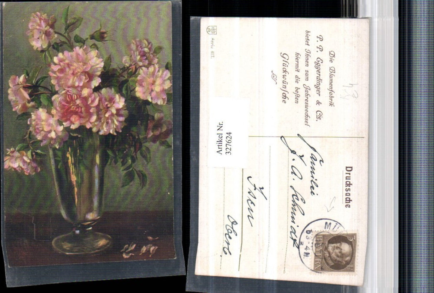 327624,Künstler AK Blumenstrauß Blumen Rosen Vase