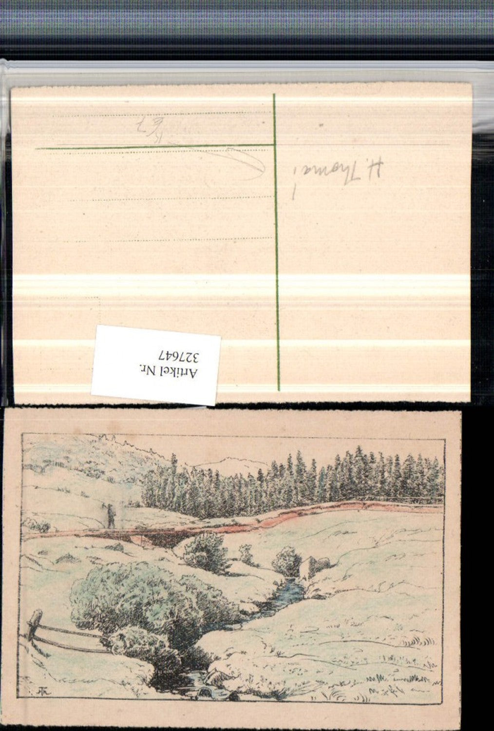 327647,Künstler AK H. Thoma Landschaft Brücke Bach