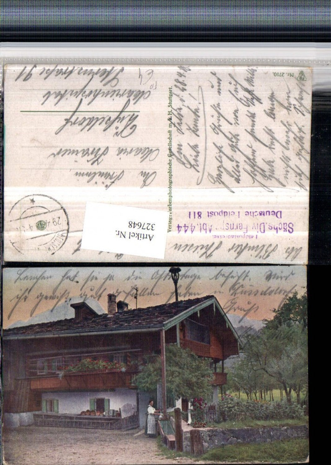 327648,Künstler AK Hausansicht Brunnen Feldpost Nr. 811 Sächs. Div. Fernspr. Abt. 444