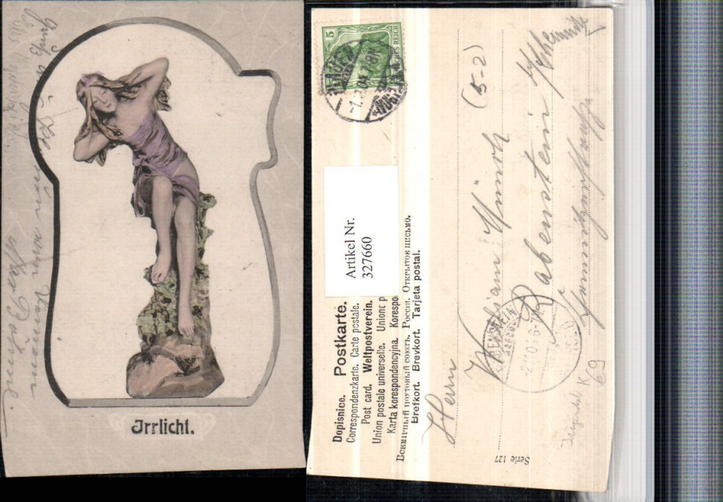 327660,Jugendstil Künstler AK Irrlicht Frau Tuch Felsen Passepartout