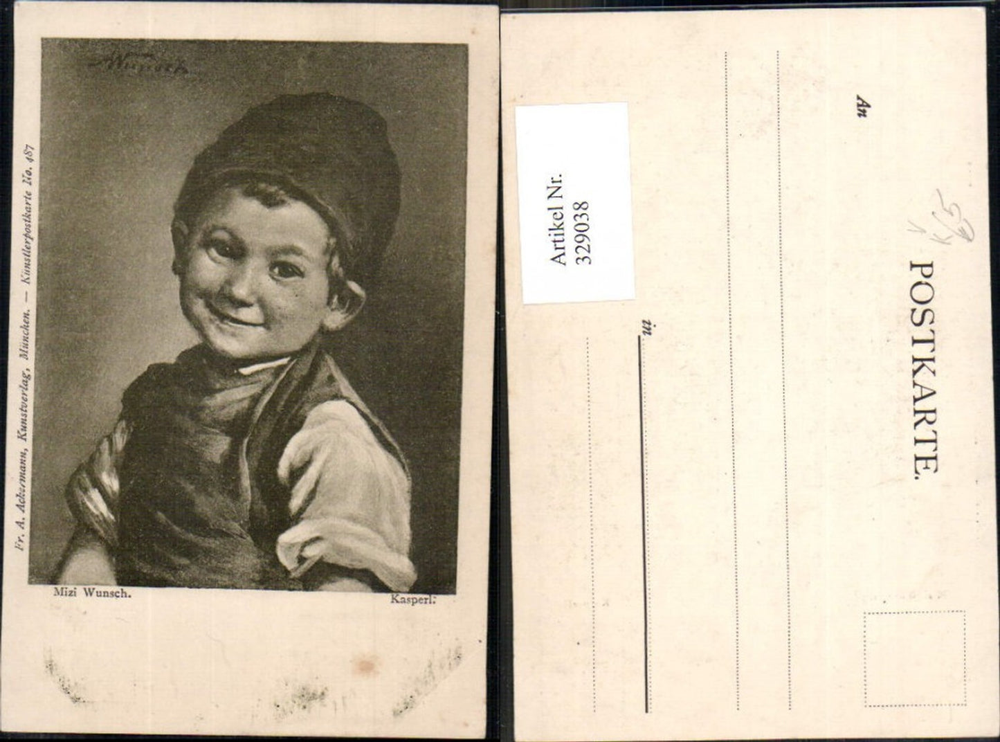 329038,Künstler Ak Mizi Wunsch Kasperl Bub Junge Hut Haube pub Ackermann 487