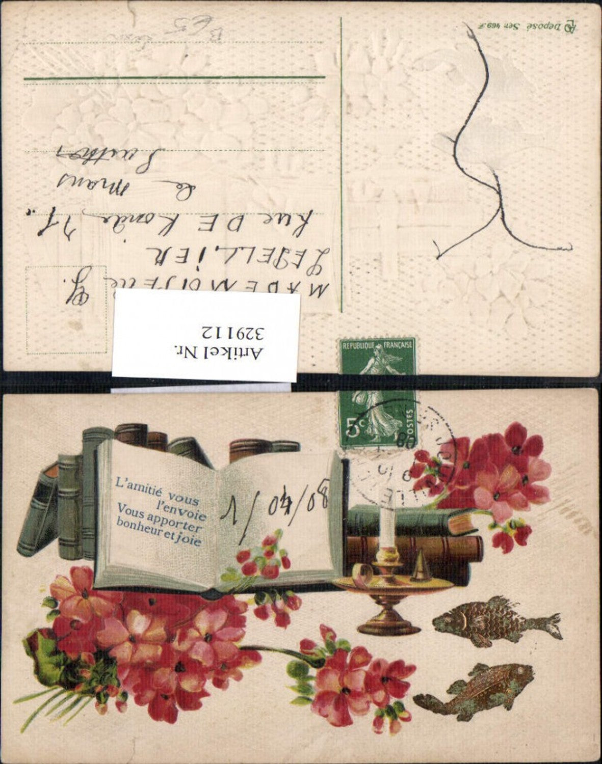 329112,Präge Ak Aufgeschlagenes Buch Bücher Kerze Blumen Fische Lesen