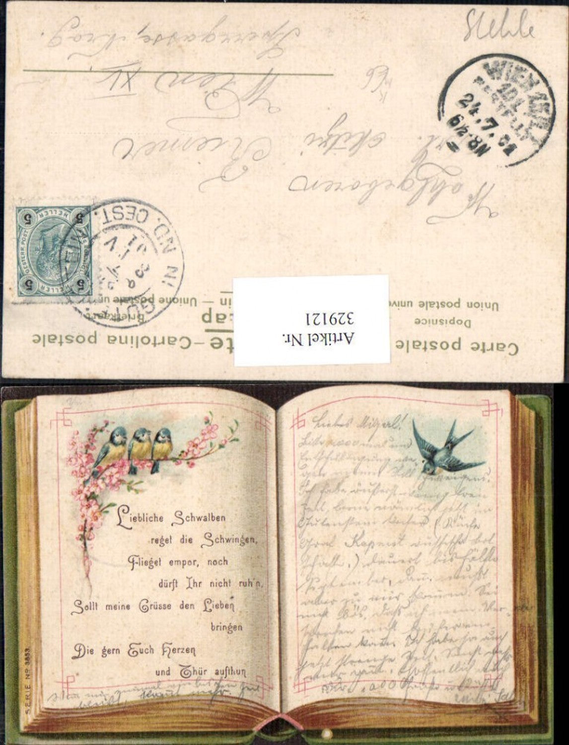329121,Künstler Ak Aufgeschlagenes Buch Blumen Vögel Schwalbe Spruch Lesen