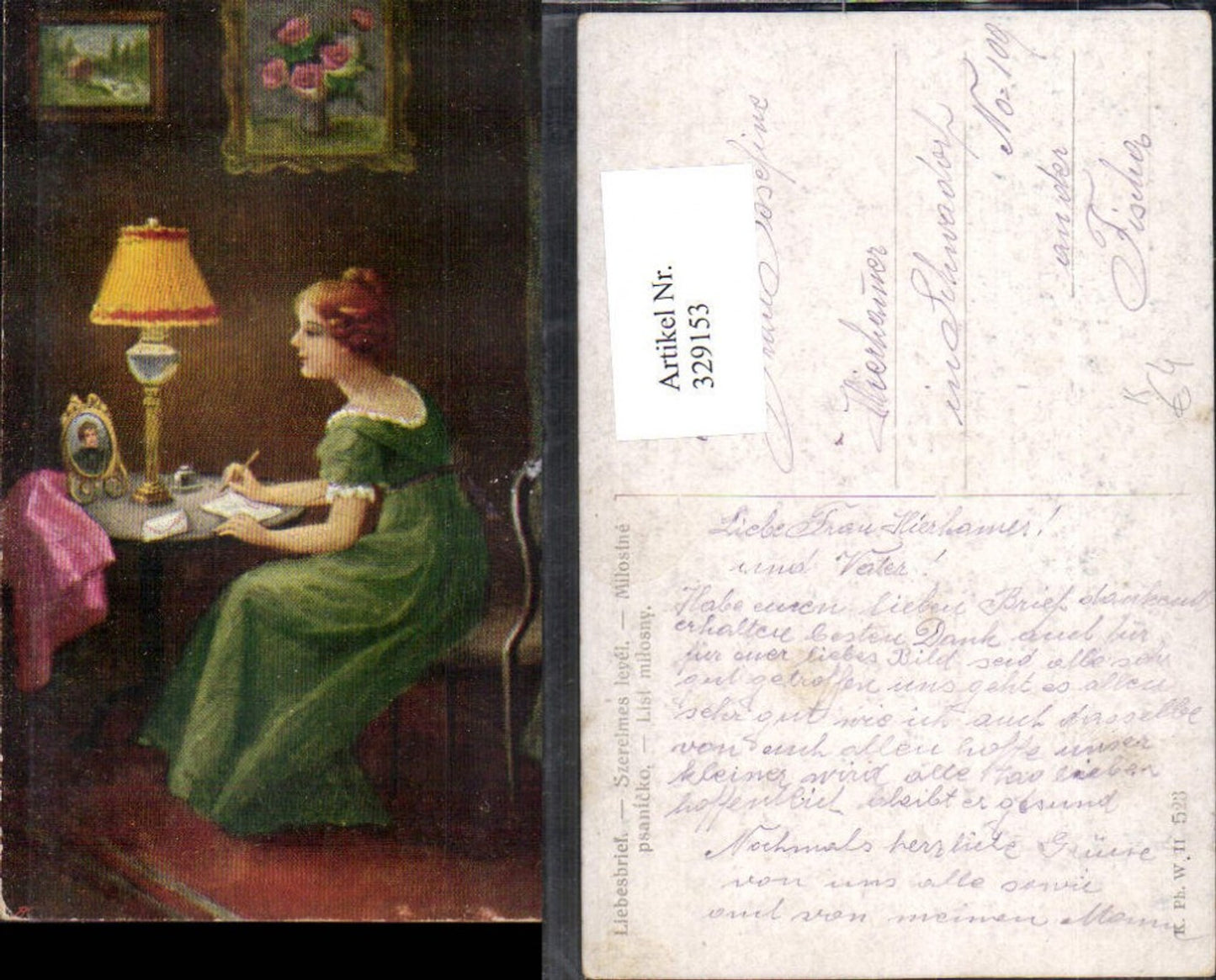 329153,Künstler Ak Liebesbrief Frau Schreiben Brief Lesen Tischlampe