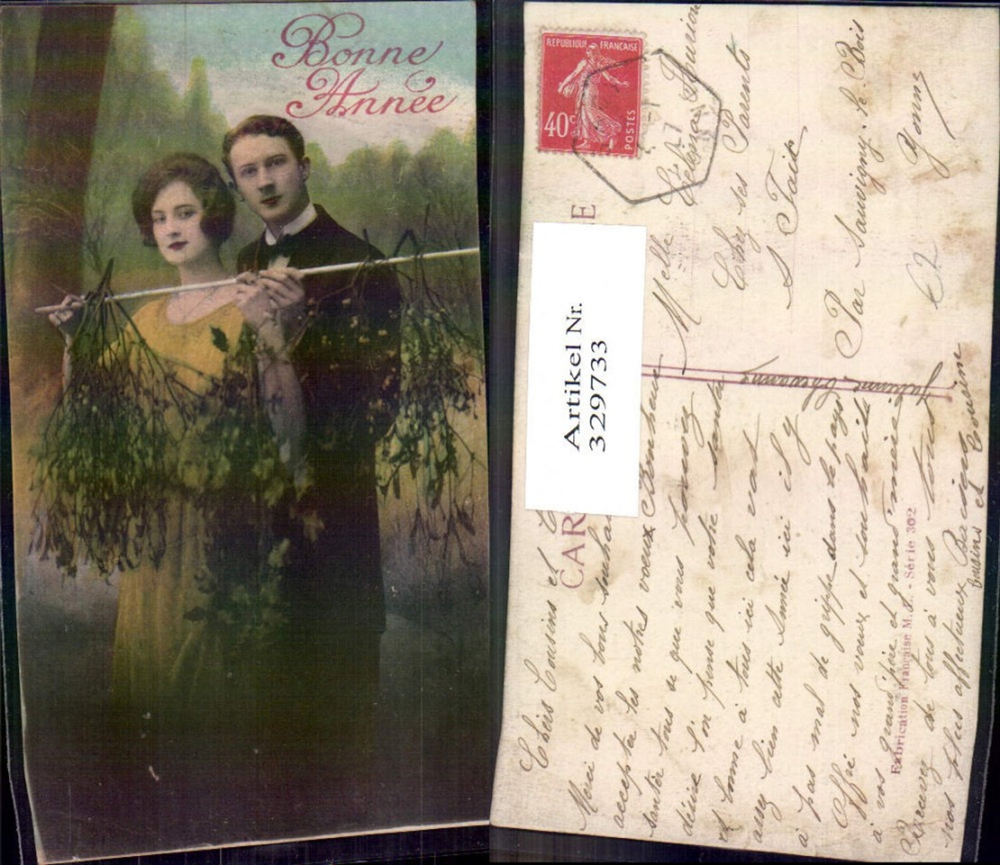 329733,Liebe Paar m. Stock Mistelzweige Bonne Annee