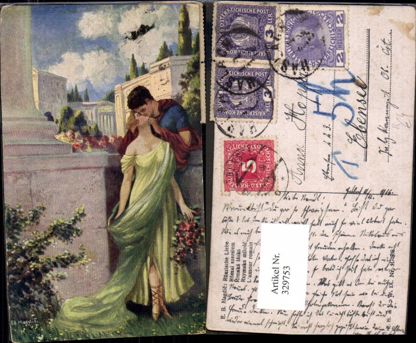 329753,Künstler Ak E. B. Magdic Römische Liebe Paar Kuss Tempel