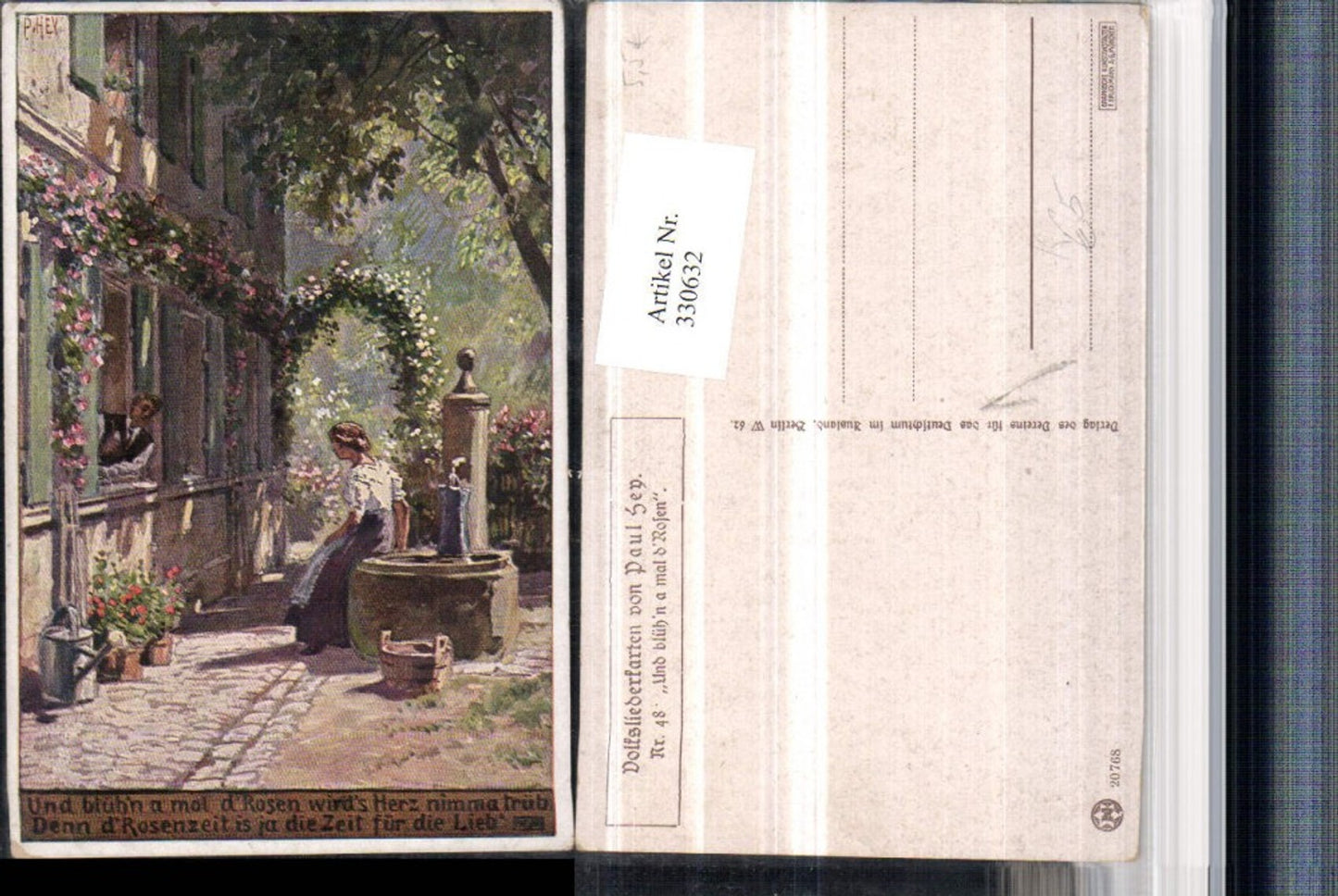 330632,Künstler AK Paul Hey Volksliederkarte 48 Und blühn a mal Rosen Brunnen pub VDA