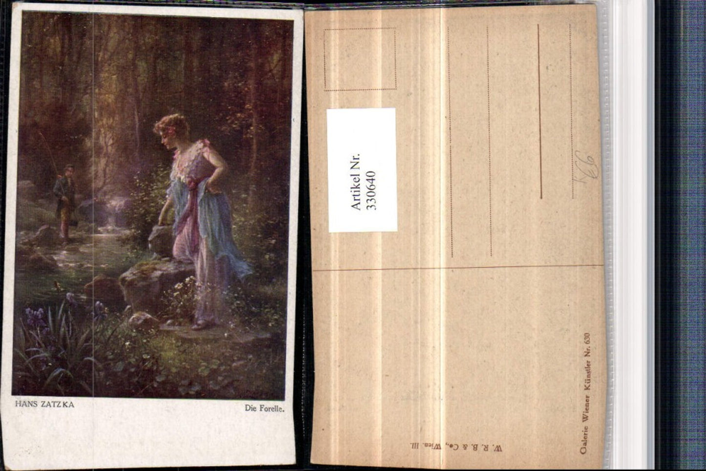 330640,Künstler AK Hans Zatzka Die Forelle Frau m. Kleid Mann Fischer Bach