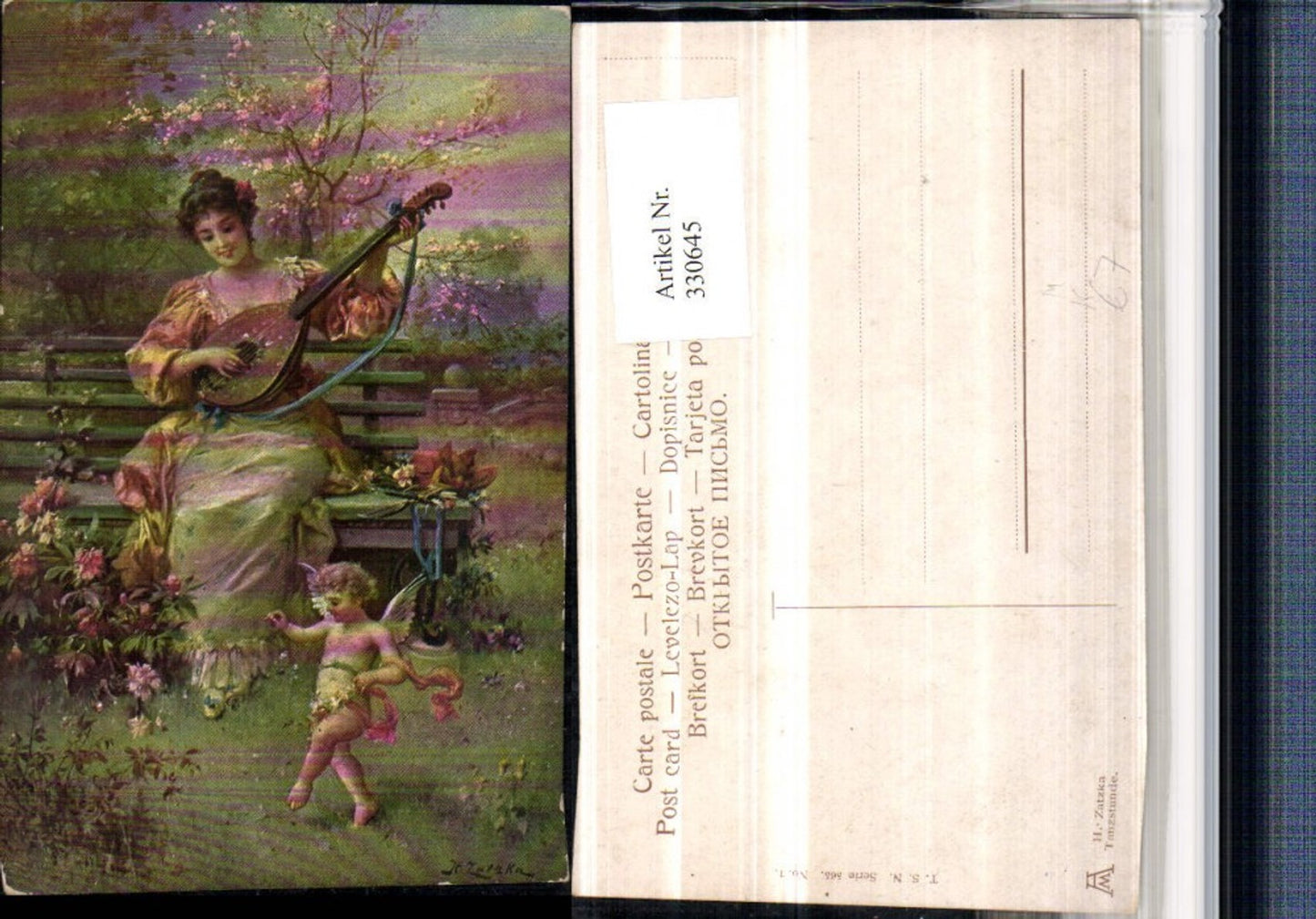 330645,Künstler AK Hans Zatzka Tanzstunde Frau m. Mandoline Amor Engel