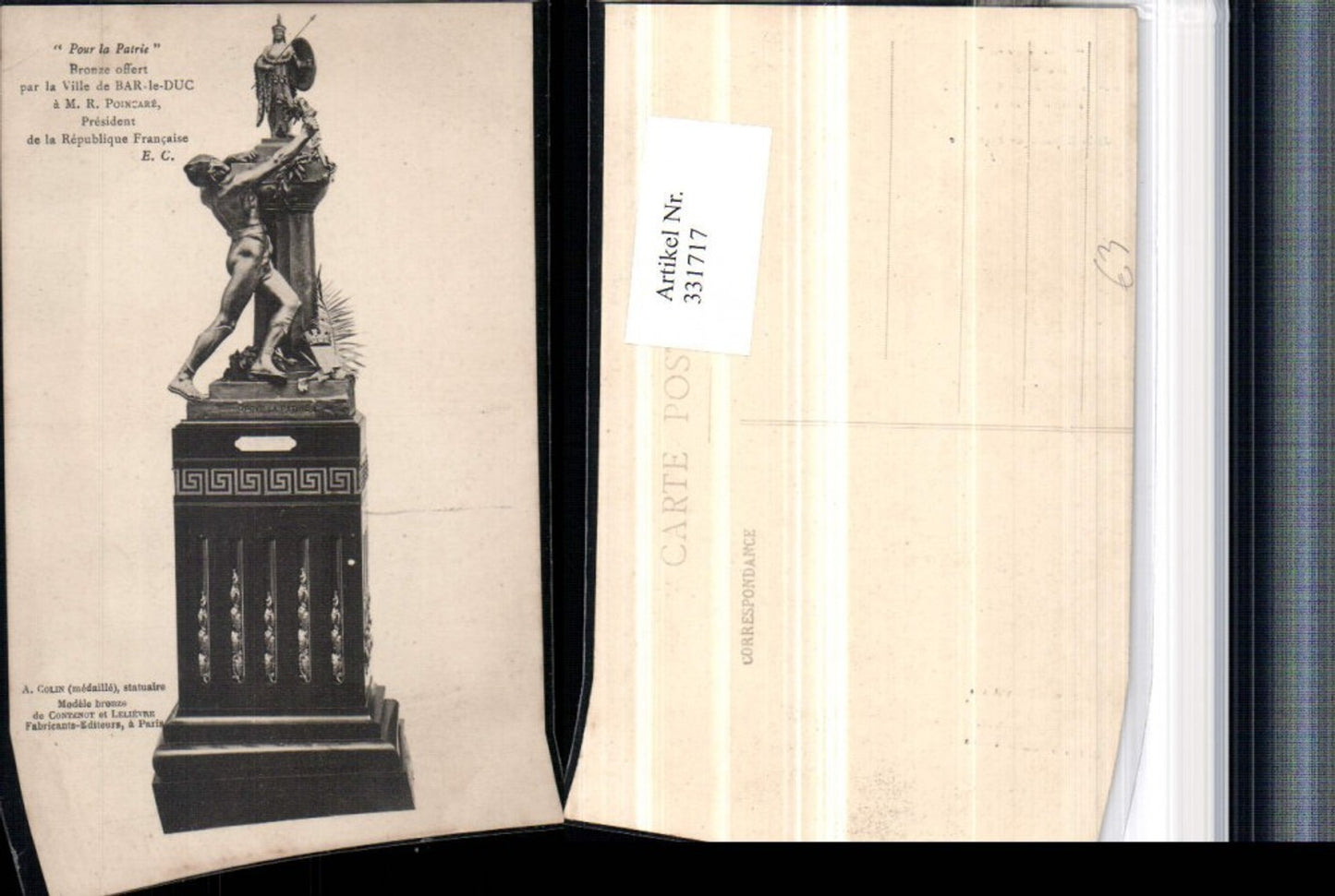 331717,Lothringen Meuse Bar-le-Duc Pour la Patrie Bronze Statue