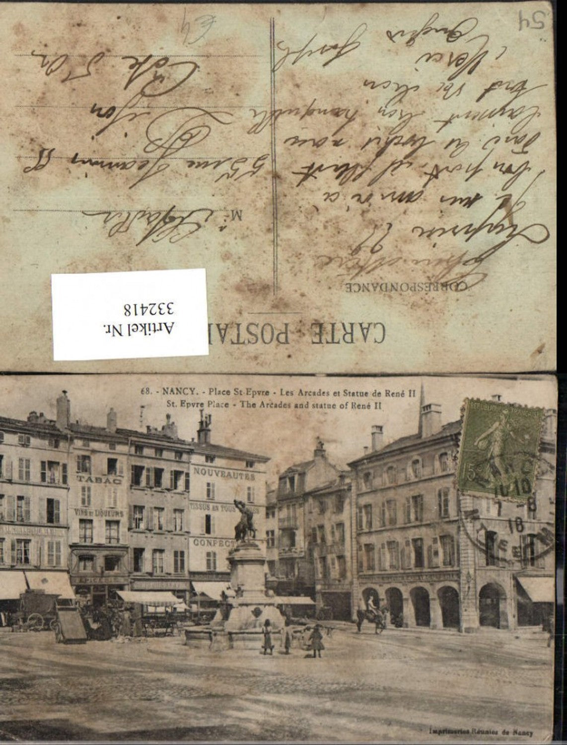 332418,Lothringen Meurthe-et-Moselle Nancy Place St-Epvre Arcades et Statue de Rene II Geschäfte