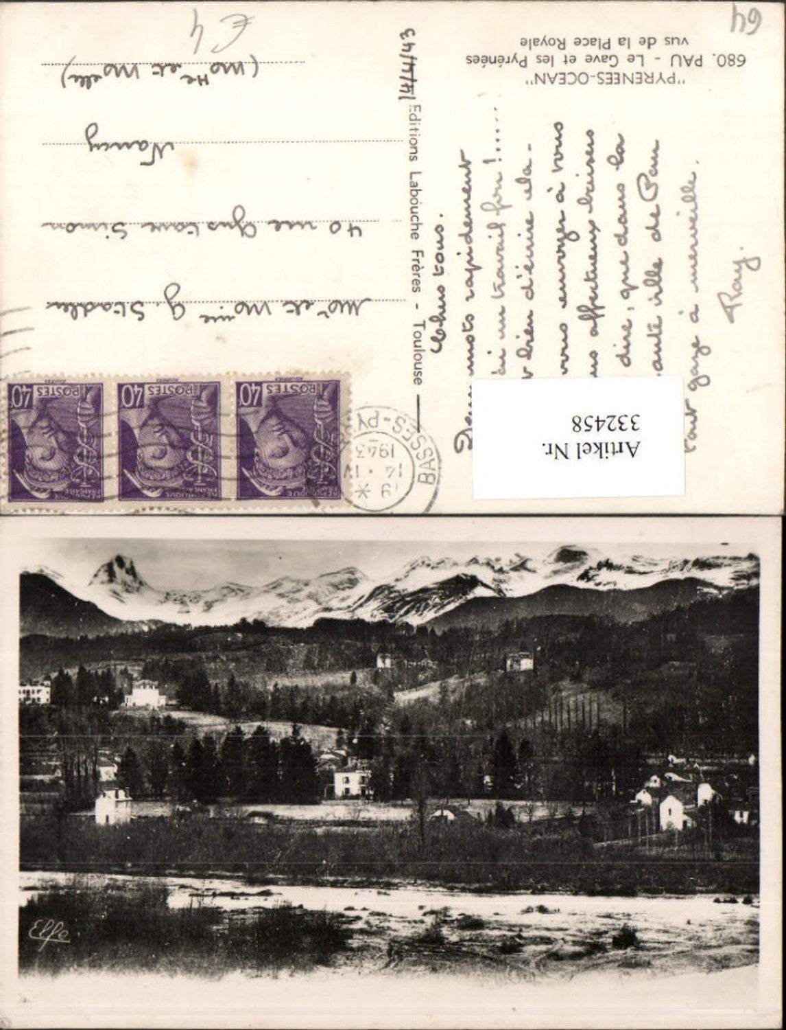 332458,Aquitanien Pyrenees-Atlantiques Pau Gave et les Pyrenees vus de la Place Royale Bergkulisse