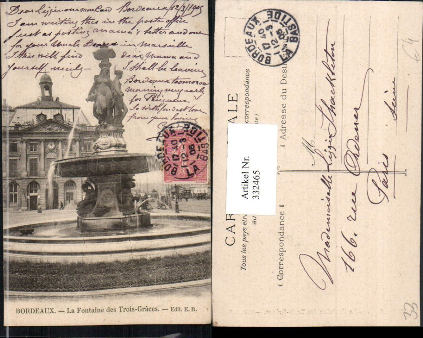 332465,Aquitanien Gironde Bordeaux La Fontaine des Trois-Graces Brunnen