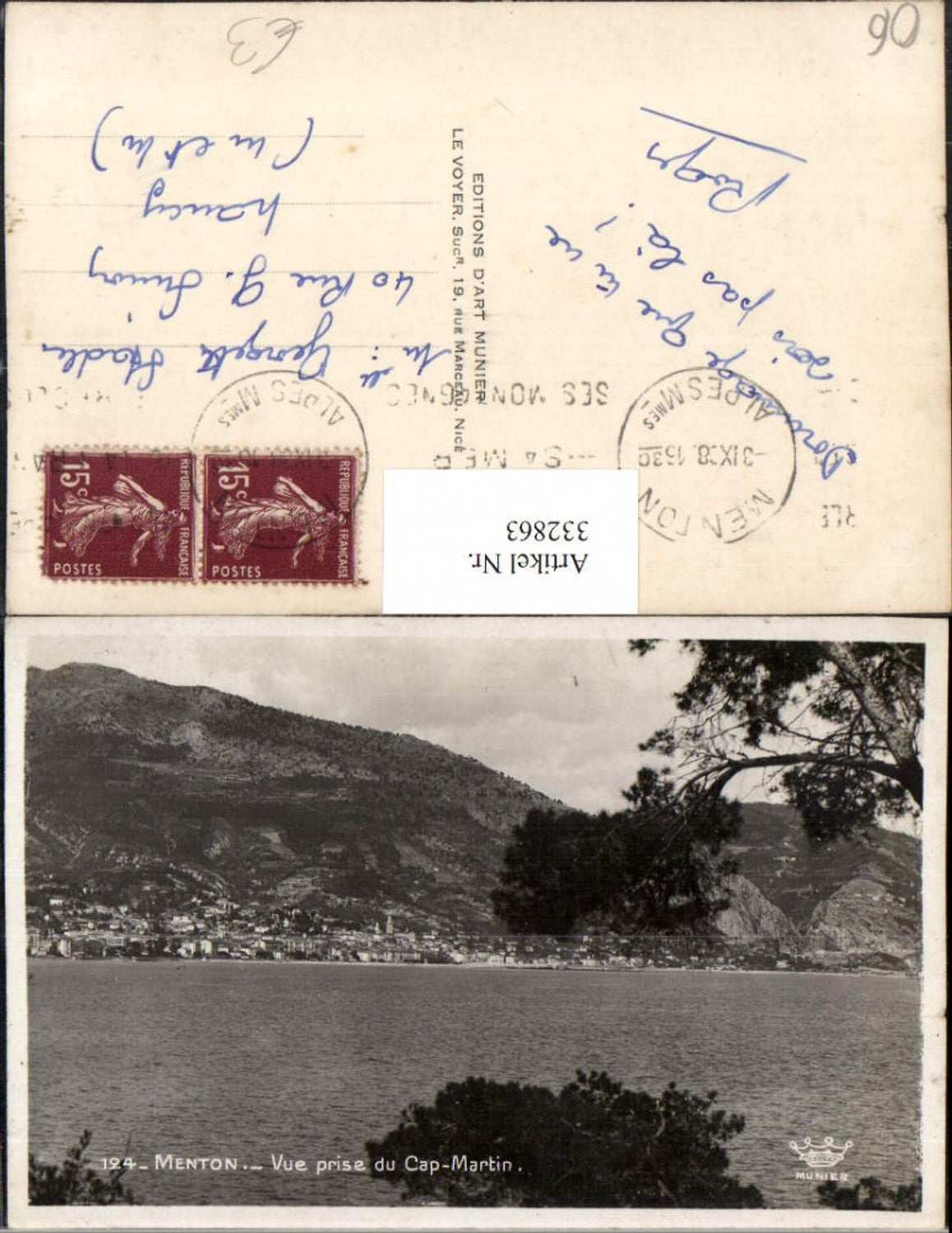 332863,Provence-Alpes-Cote-Azur Alpes-Maritimes Menton Vue prise du Cap-Martin Totale