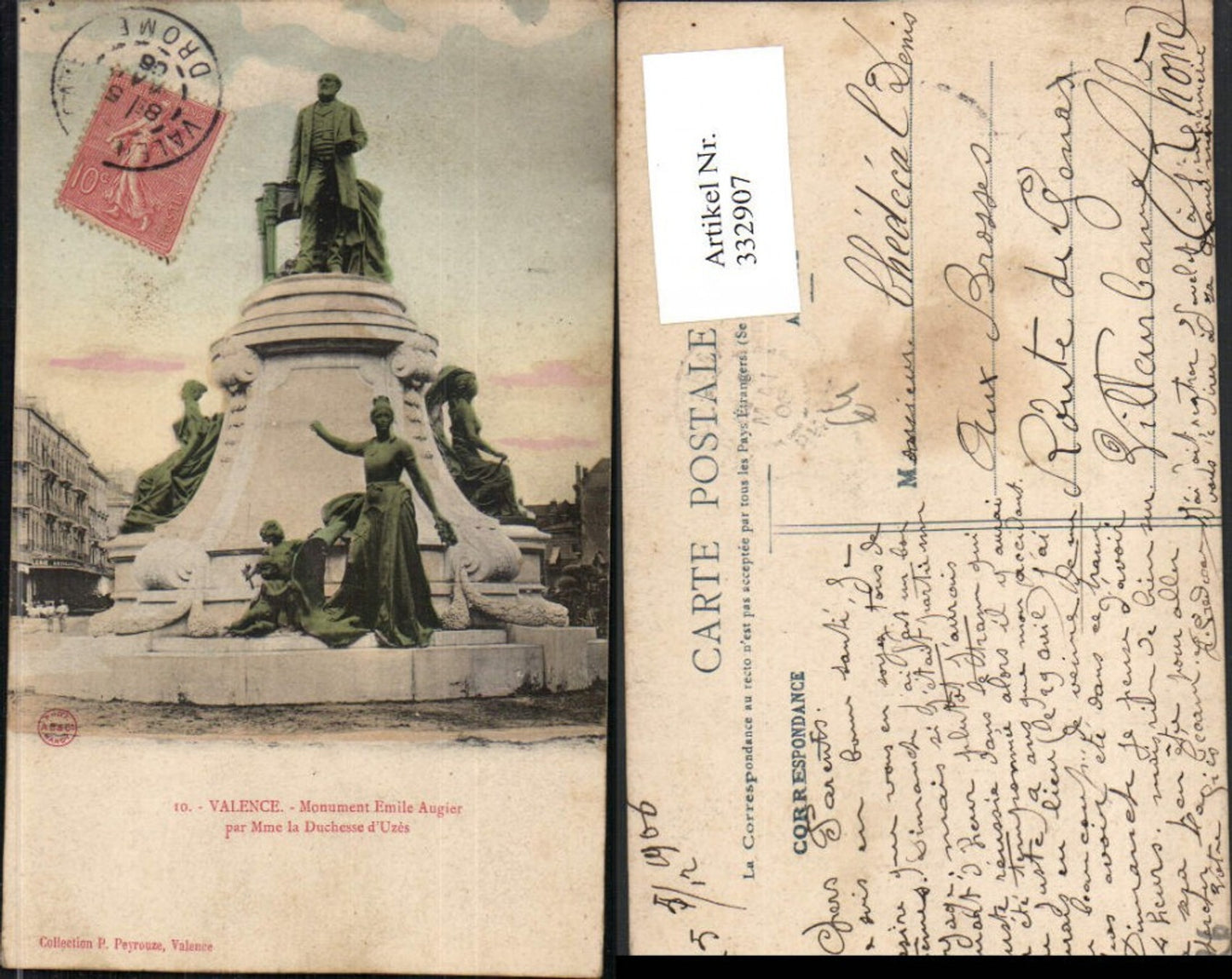 332907,Rhone-Alpes Drome Valence Monument Emile Augier par Mme la Duchesse d'Uzes