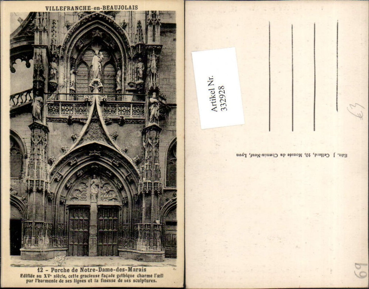 332928,Rhone-Alpes Rhone Villefranche-en-Beaujolais Porche de Notre-Dame des Marais Kirchenportal