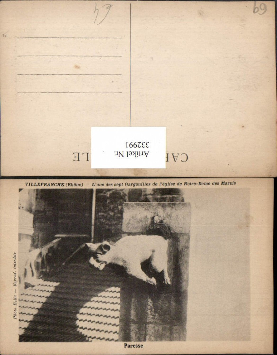 332991,Rhone-Alpes Rhone Villefranche Gargouilles de l'Eglise Notre-Dame des Marais Paresse