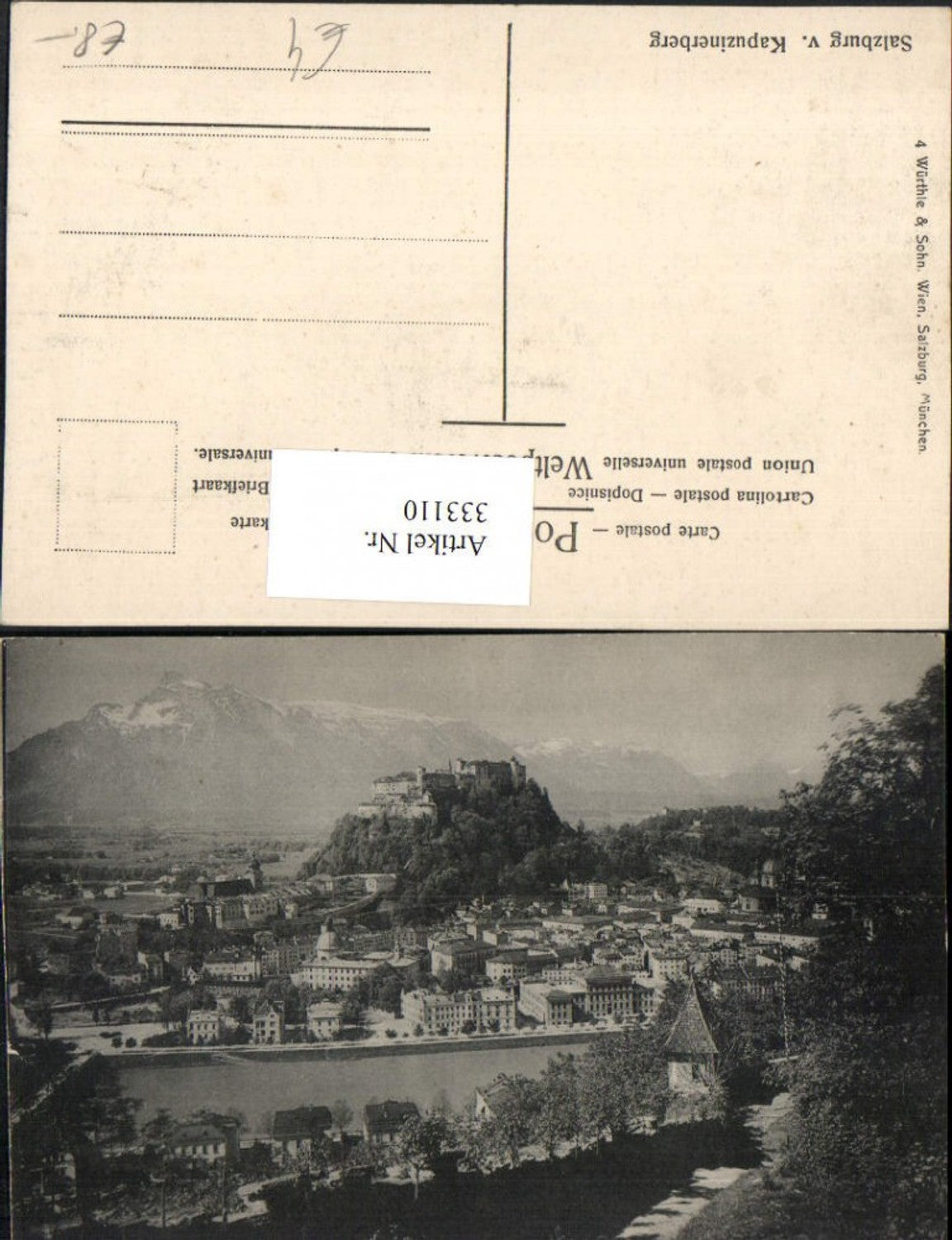 333110, Salzburg partial view with fortress from the Kapuzinerberg mountain backdrop