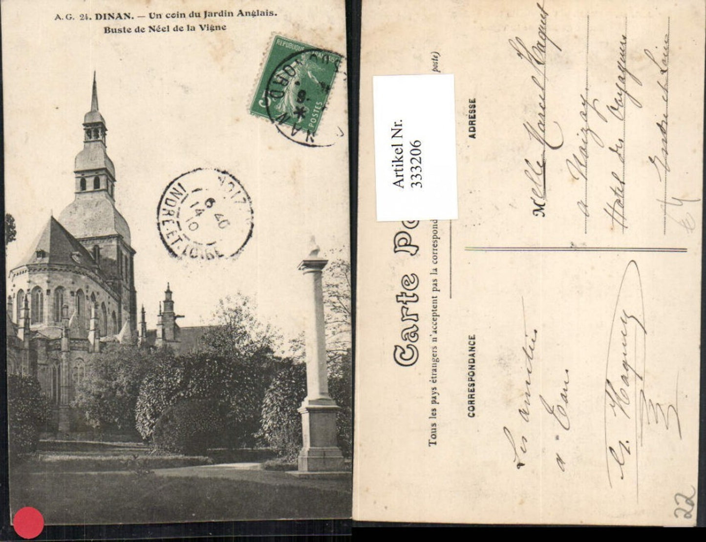 333206,Bretagne Cote-Amor Dinan Un coin du Jardin Anglais Buste de Neel de la Vigne Kirche