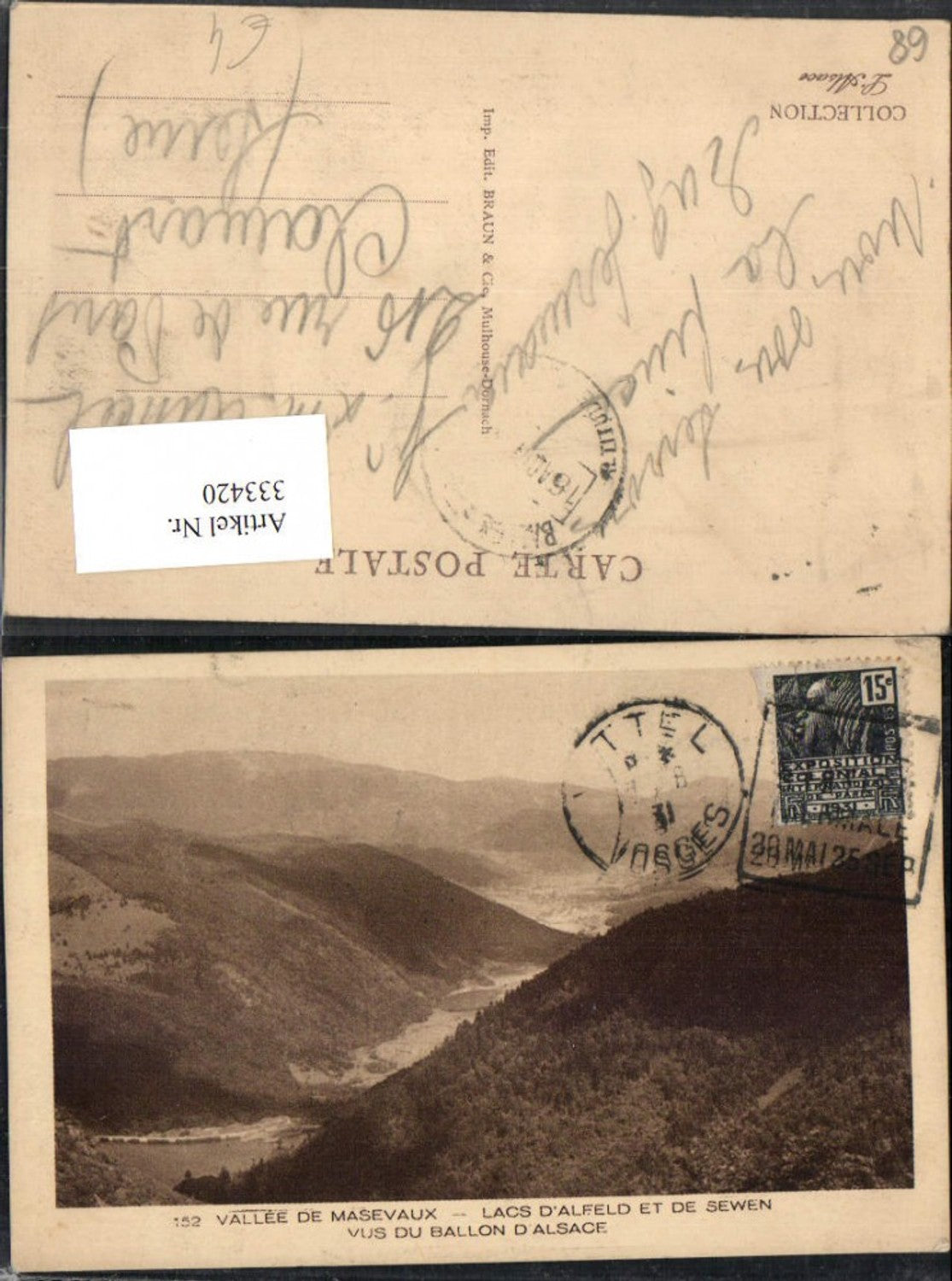 333420,Elsass Haut-Rhin Vallee de Masevaux Lacs d'Alfeld et de sewen vus du Ballon d'Alsace