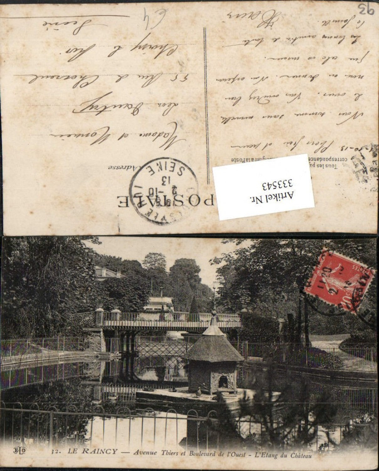 333543,Ile-de-France Seine-Saint-Denis Raincy Avenue Thiers et Boulevard de l'Ouest Etang du Chateau