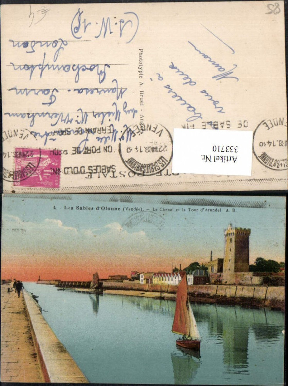333710,Pays de la Loire Vendee Les Sables-d#Olonne Le Chenal et la tour d'Arundel Segelboot Turm