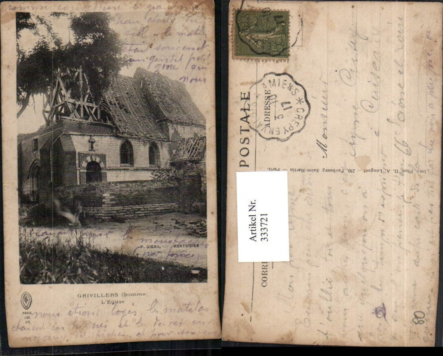 333721,Picardie Somme Grivillers L'Eglise Kirche Zerstörung