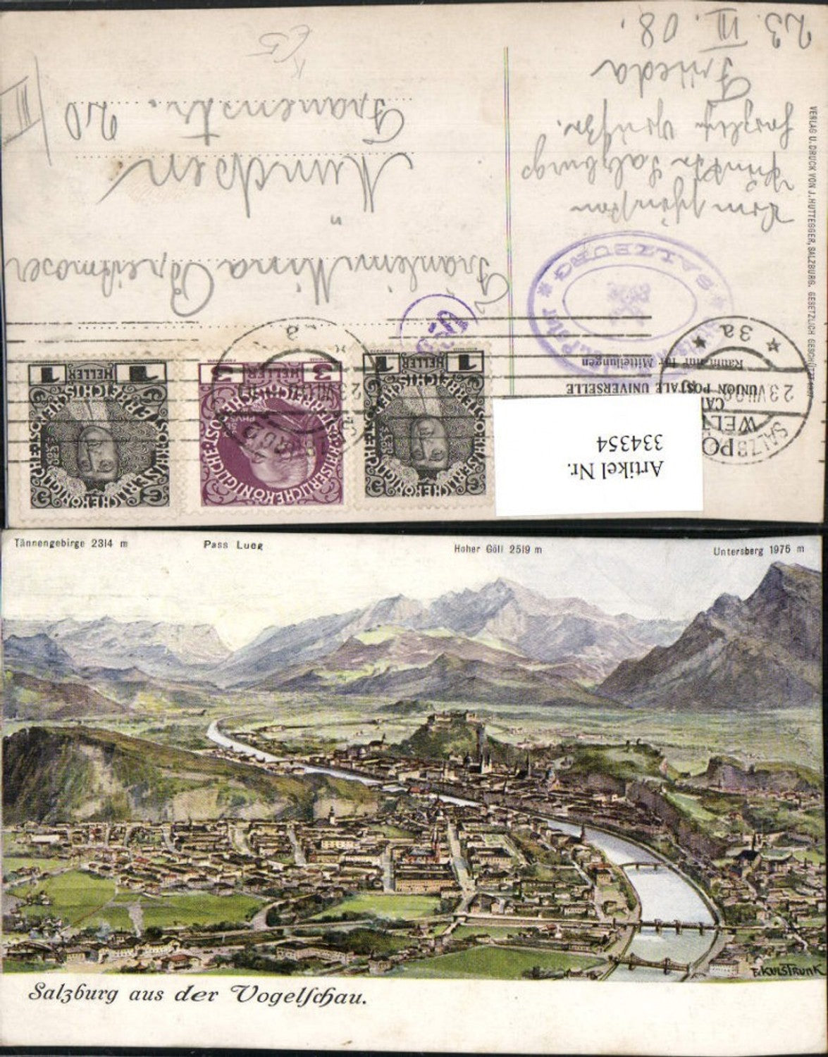 334354,Künstler AK F. Kulstrunk Salzburg Totale aus d. Vogelschau Bergkulisse