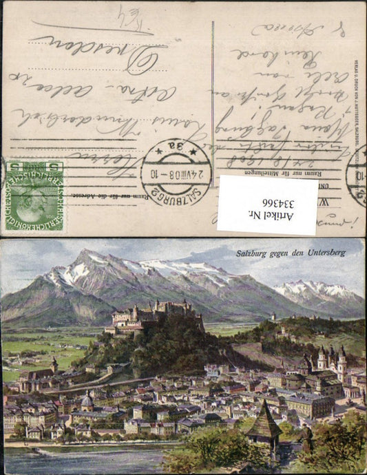334366,Künstler AK Salzburg Totale m. Festung geg. Untersberg Bergkulisse