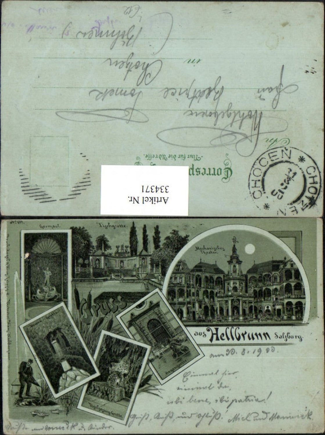 334371,Mond Litho Salzburg Hellbrunn Grotten Mech. Theater Mehrbildkarte pub Regel & Krug 699