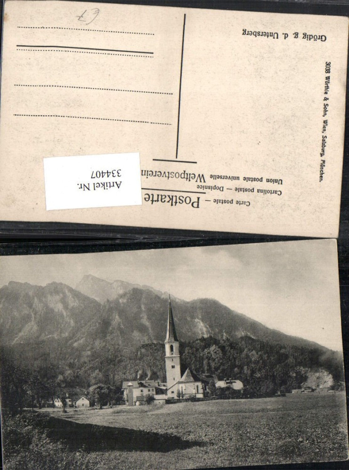 334407,Grödig Kirche geg. Untersberg Bergkulisse