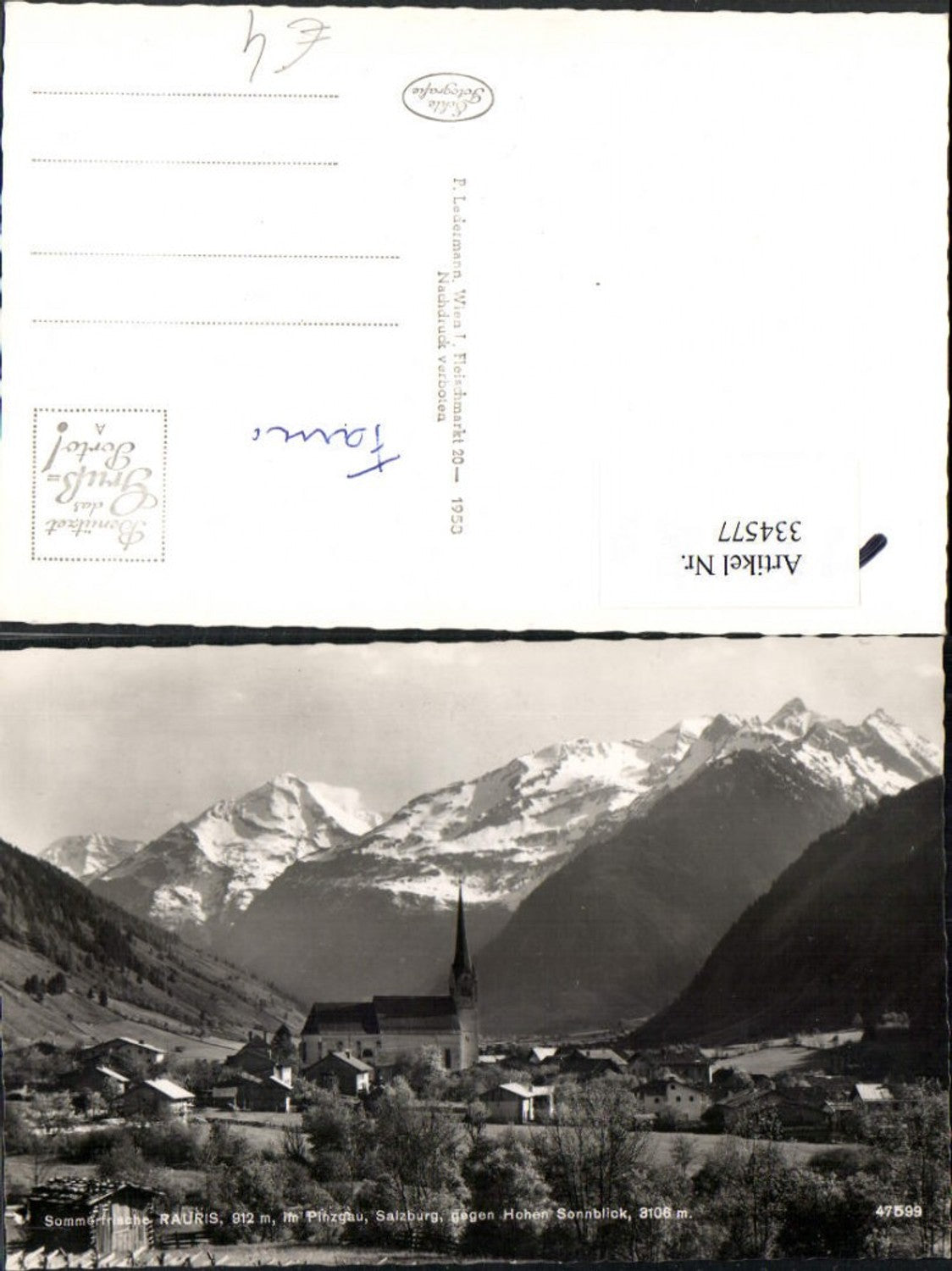 334577,Rauris Totale Kirche geg. Hohen Sonnblick Bergkulisse