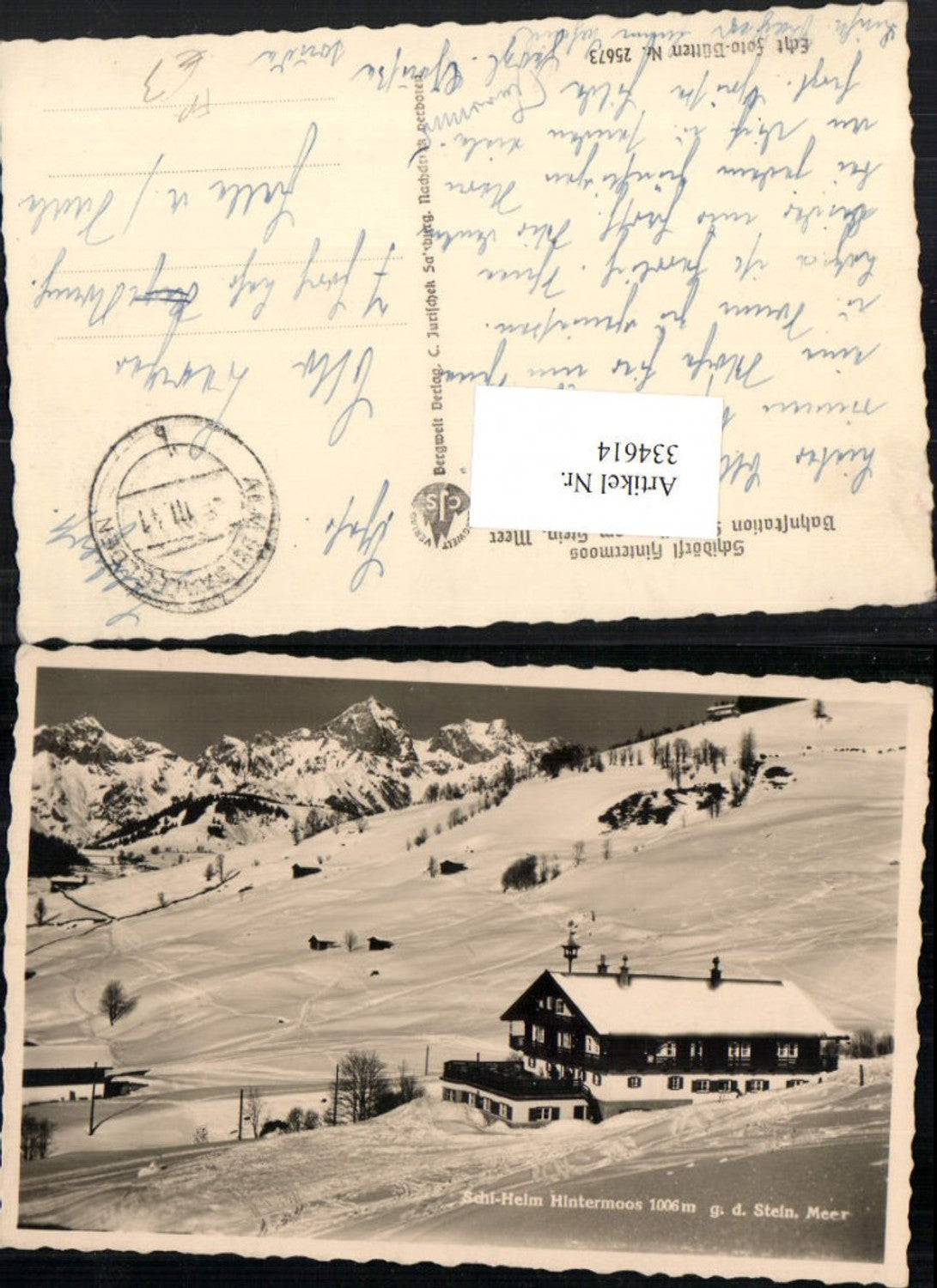334614,Skiheim Hintermoos b. Saalfelden geg. Steinerne Meer Bergkulisse Winterbild Feldpost