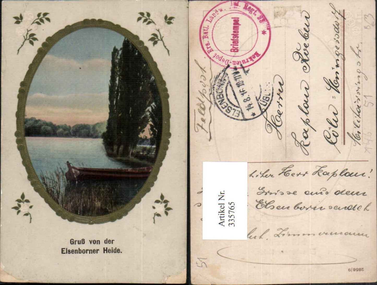 335765,Präge AK Gruß von d. Elsenborner Heide Landschaft Passepartout