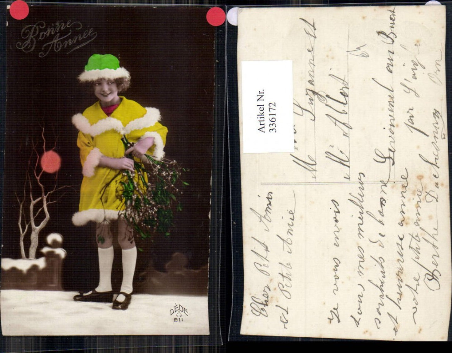 336172,Kind Kinder Mädchen m. Mantel Pelzkragen Misteln Haube Bonne Annee