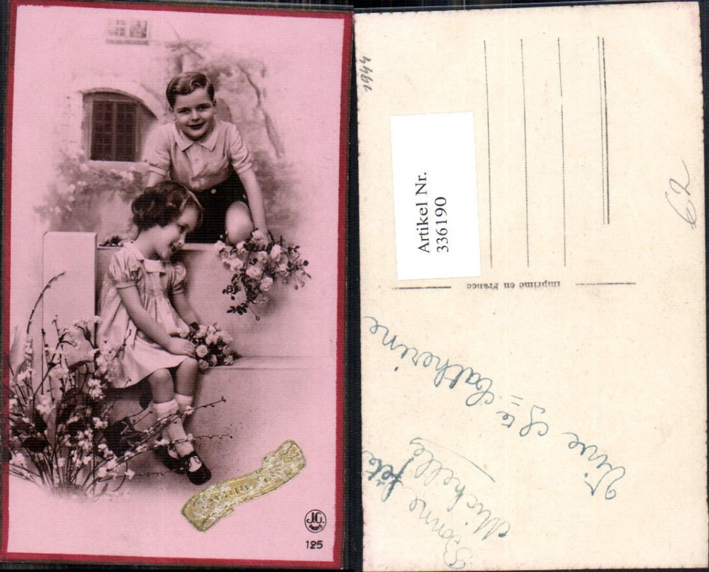 336190,Kind Kinder Mädchen m. Kleid Junge Blumen Blütenzweige Bonne Annee