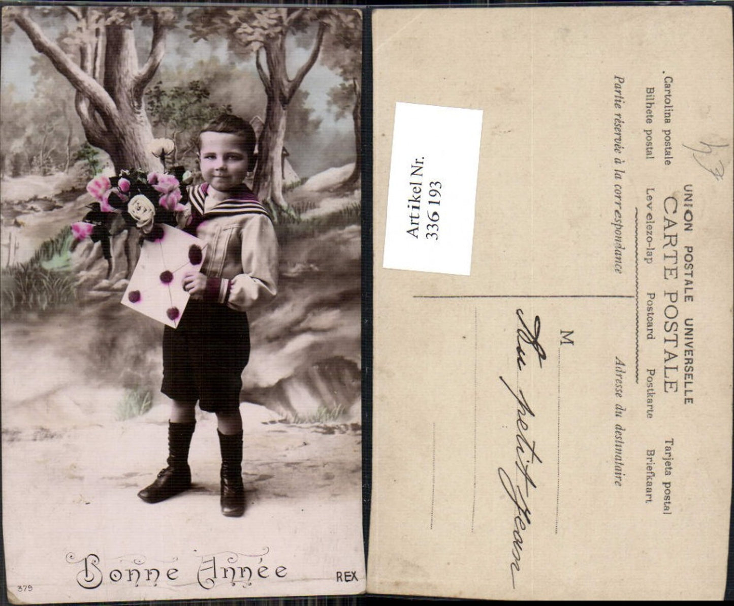 336193,Kind Kinder Bub Junge Uniform Matrosenanzug Brief Kuvert Rosen Blumen Bonne Annee