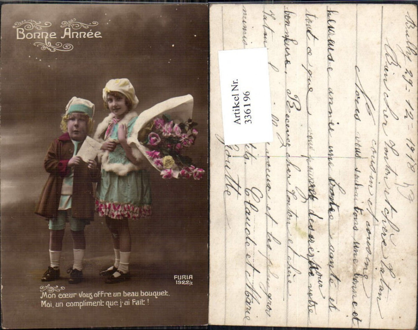 336196,Kind Kinder m. Blumenstrauß Rosen Pelz Haube Mützen Bonne Annee Spruch Text