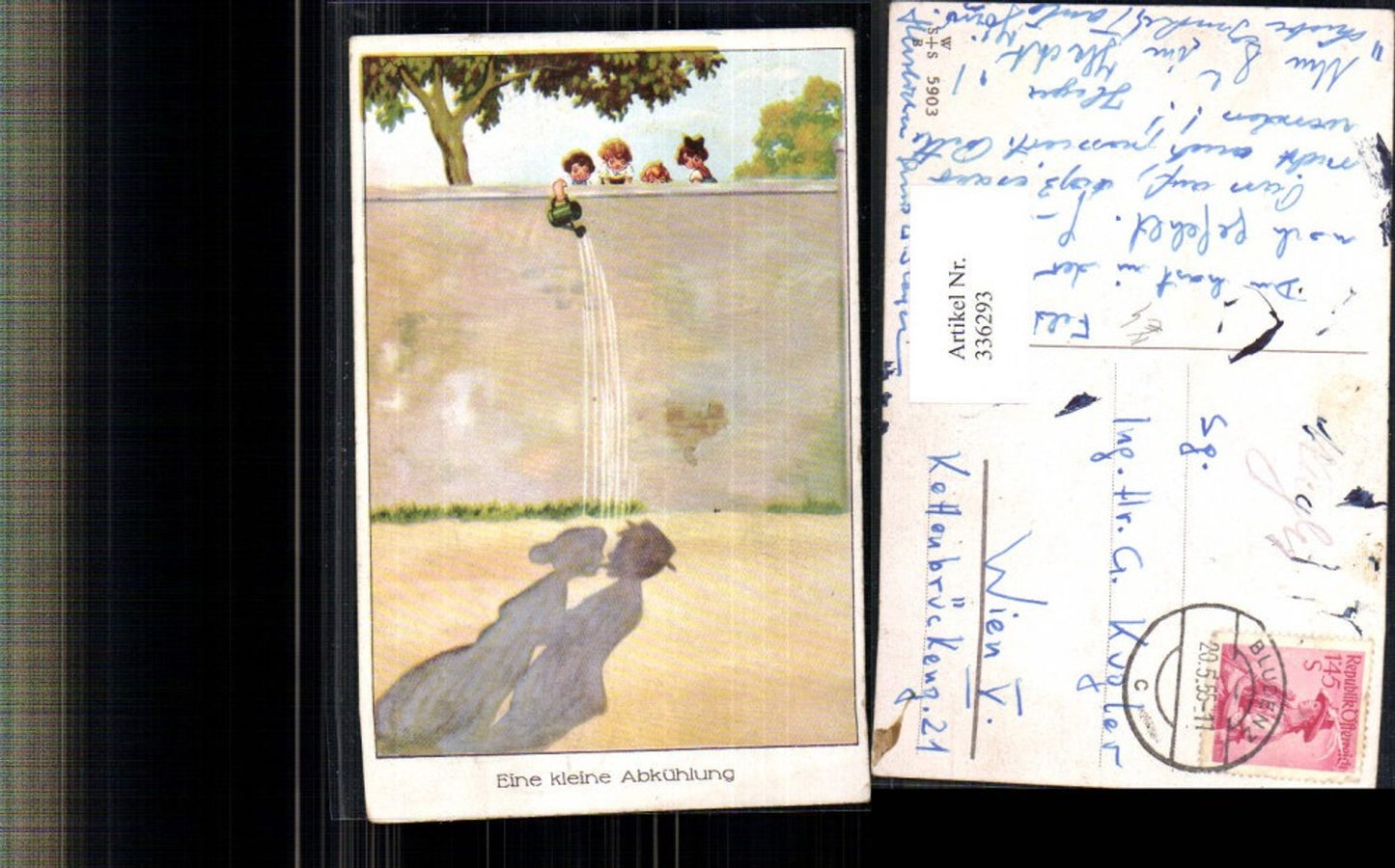 336293,Künstler Ak Kinder m. Gießkanne a. Mauer Schatten Liebespaar Ein kleine Abkühlung