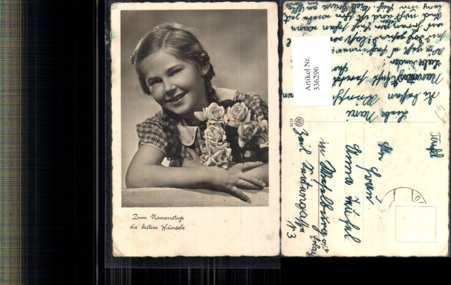 336296,Foto Ak Kind Mädchen m. Zöpfen Haarspange Strauß Rosen Blumen Namenstag