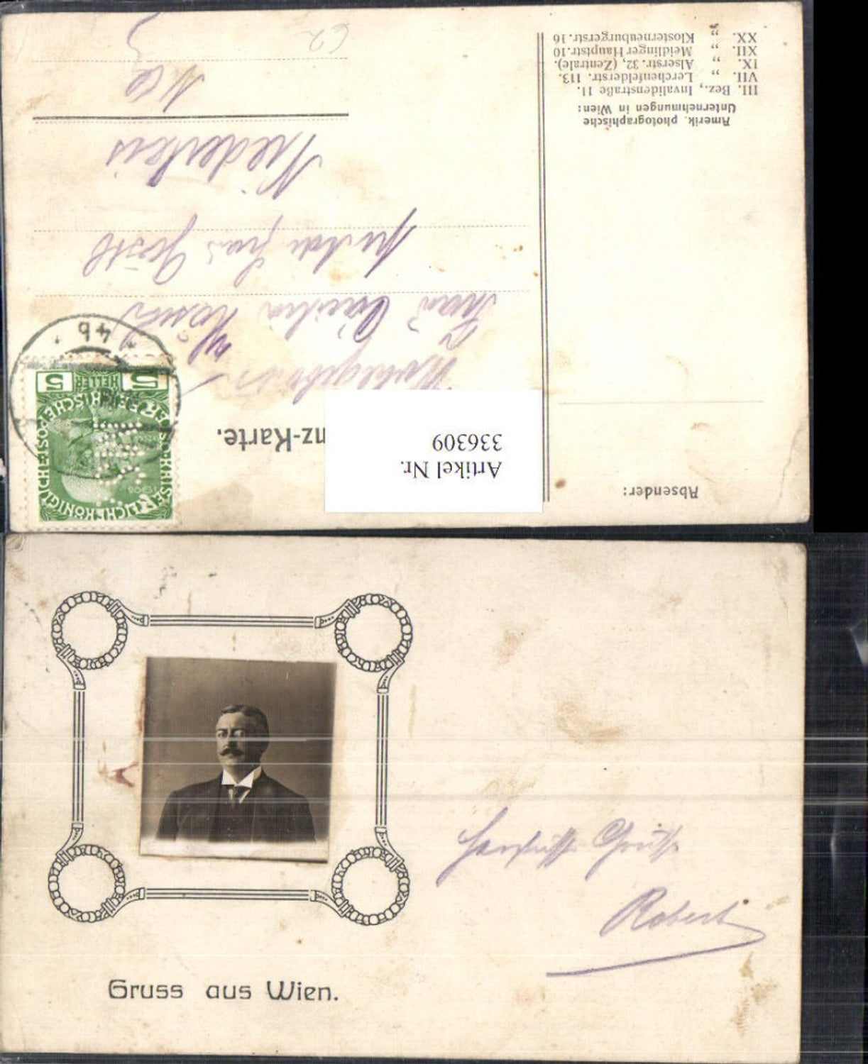 336309,Mann m. Brille Portrait Passepartout Gruß a. Wien