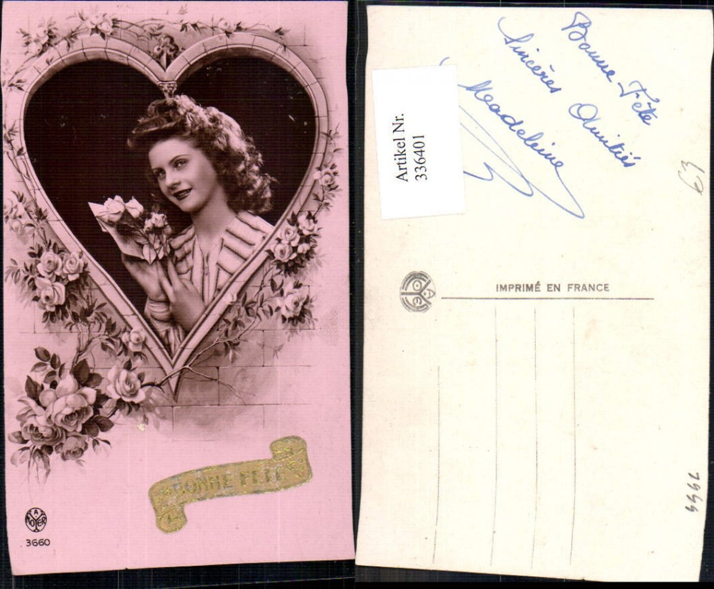 336401,Frau Portrait Passepartout Herz Blumen Rosen pub A. Noyer 3660