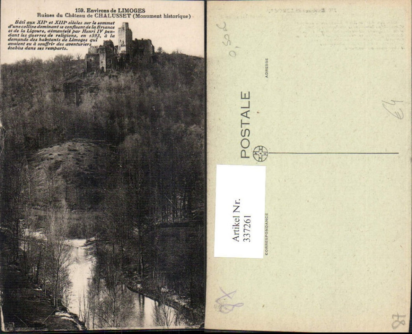 337261,Limousin Haute Vienne Environs de Limoges Ruines du Chateau de Chalusset Schloss Burg
