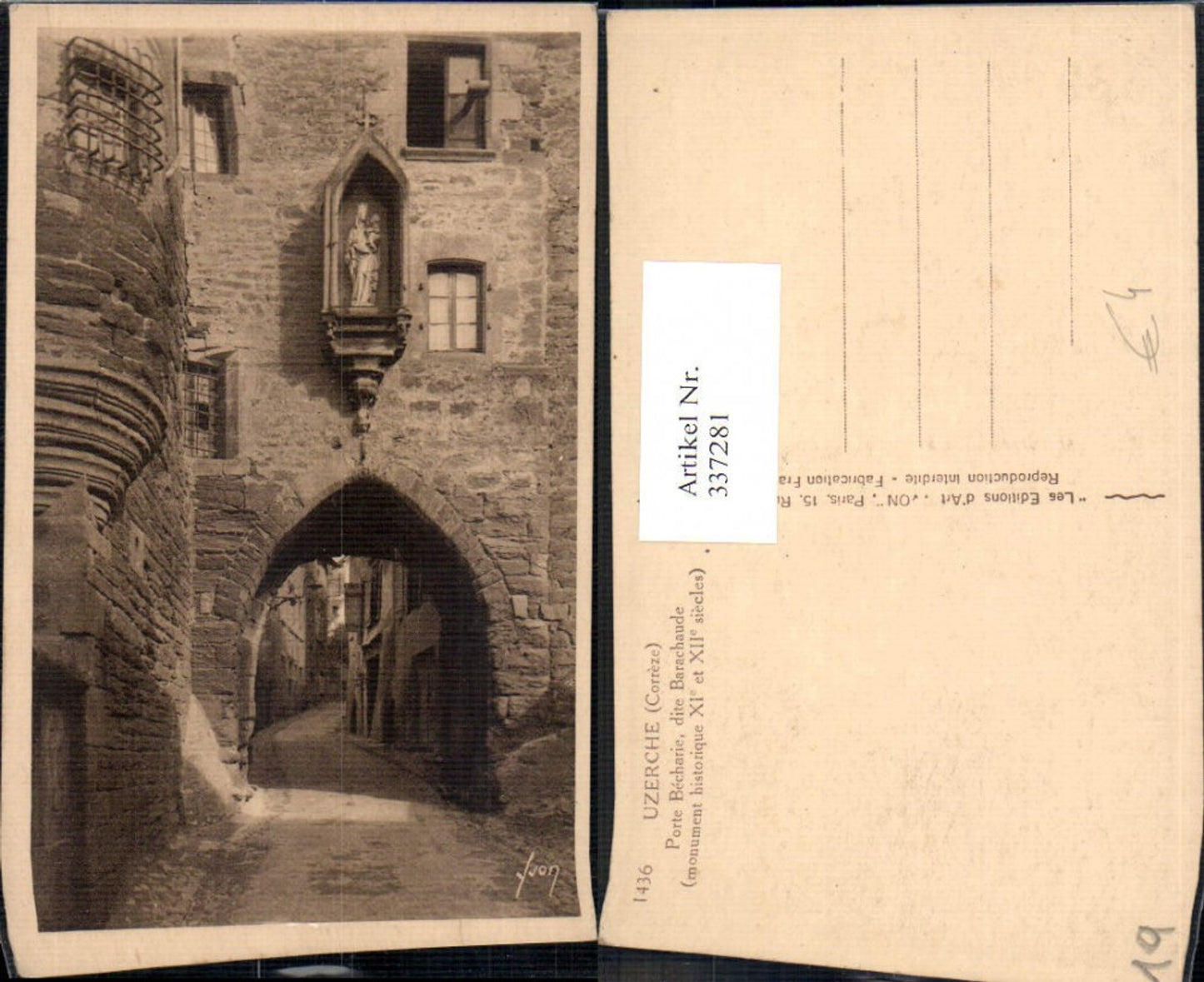 337281,Limousin Correze Uzerche Porte Becharie dite Barachaude Gasse Marienstatue a. Haus